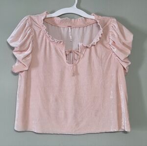 Free People Peachy Pink Soft Velvet Tulip Terese Romantic Smocked Blouse XS 🩰